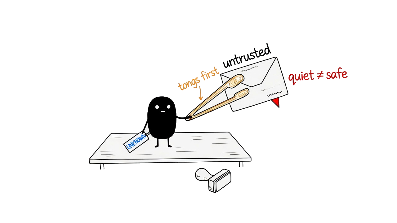 Black figure holding a spiked envelope at a distance with wooden tongs, writing unknown on a tag, unused safety stamp under the desk.