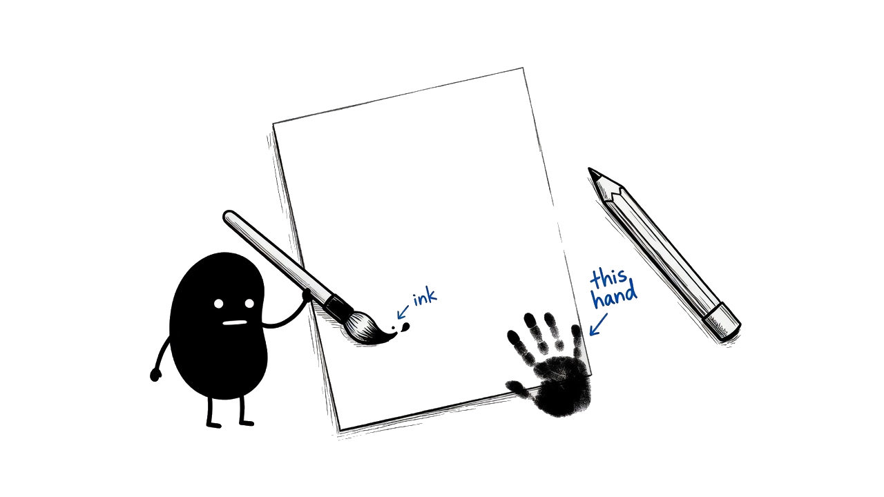 Small black figure painting a page and leaving an inky handprint in the corner. A human pencil lies unused.