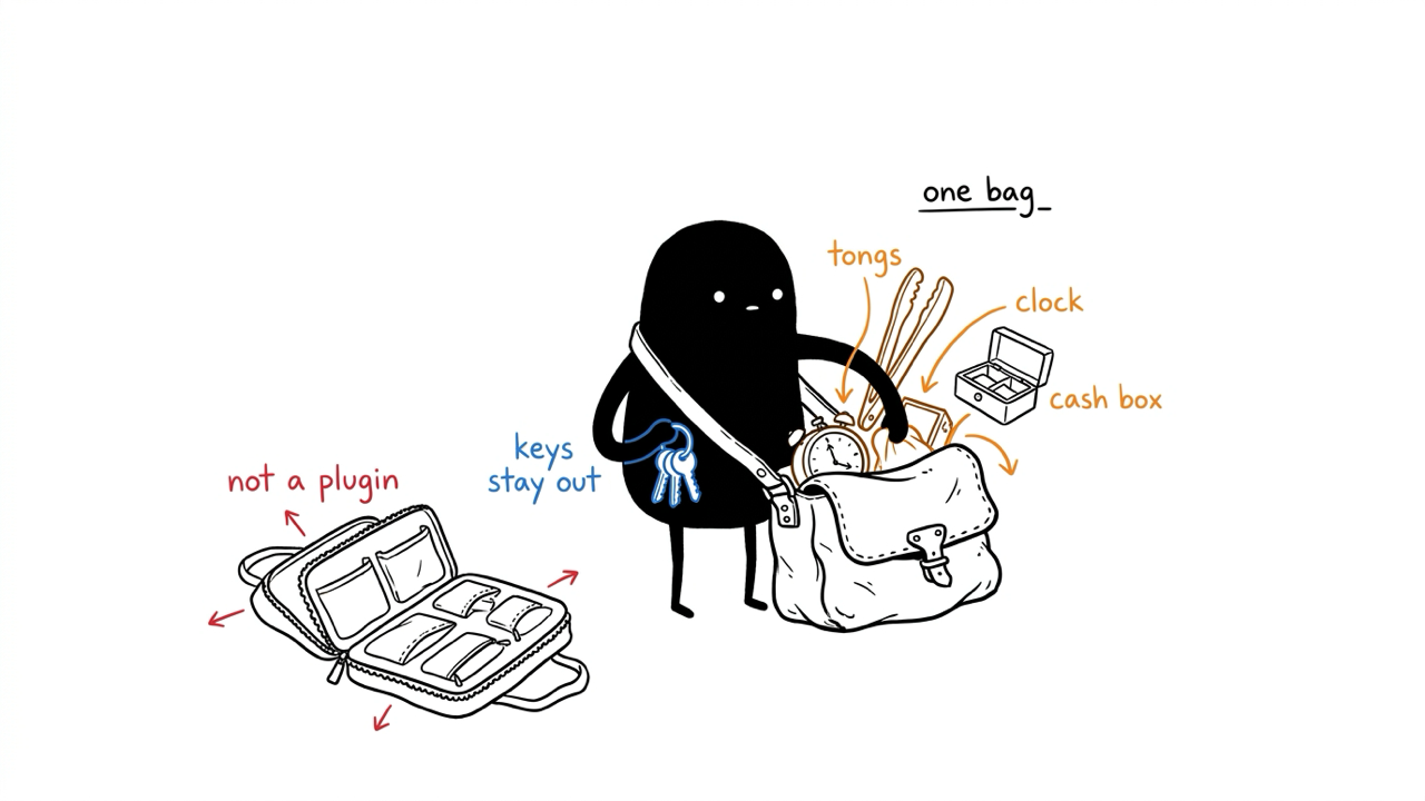 Black figure stuffing tongs, a clock and a cash box into one worn satchel. A multi-zipper plugin pack lies unused. A keyring stays gripped inside the body.