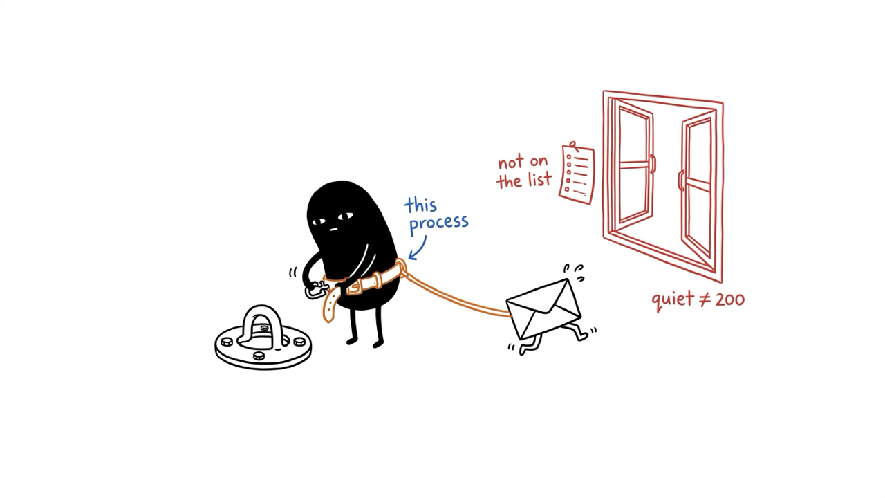 Black figure clipping a short leash from its waist to a floor ring. An envelope with legs runs toward an open window and cannot reach it. A host list hangs beside the window.